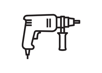 Electric Drill Line Icon, Construction Power Tool Outline Vector Illustration, Minimal Industrial Design, Black Line, Isolated on White Background