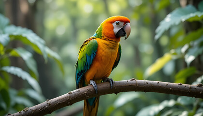 Obraz premium A vibrant parrot perched on a branch in a lush forest with green leaves and trees in the background.