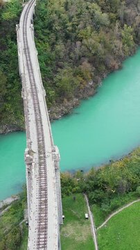 Aerial view of the Solkan bridge over the Soca river in Slovenia