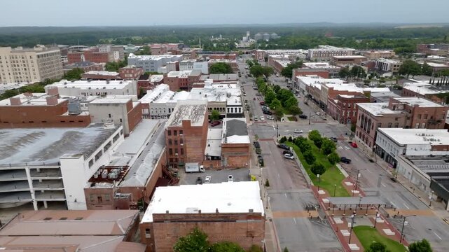 Downtown Macon, Georgia with drone video moving left to right.