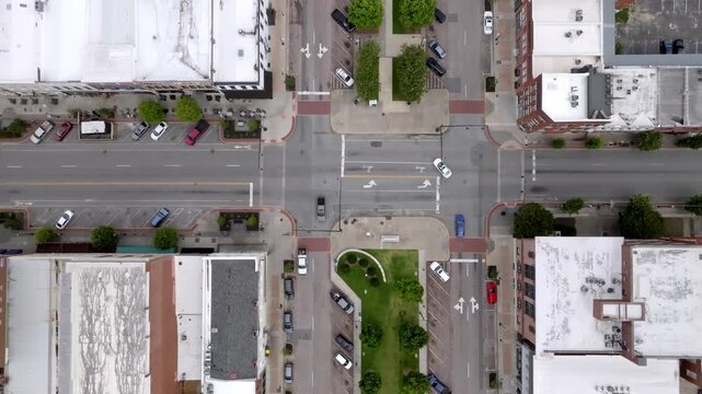 Downtown Macon, Georgia intersection with drone video overhead stable.