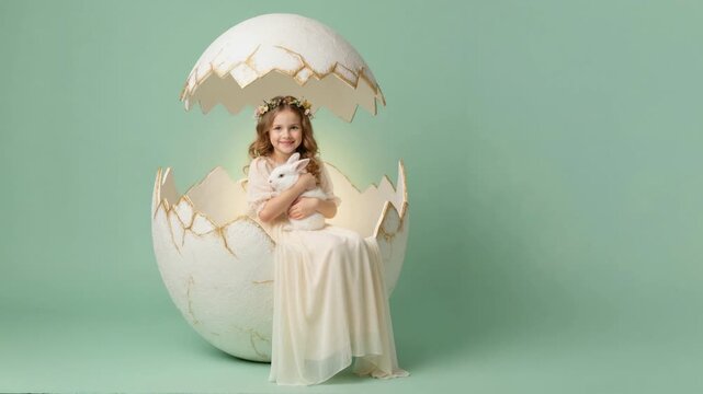 Little girl sitting in giant cracked egg holding white rabbit. Child with bunny pet on green background. Happy Easter banner with copy space