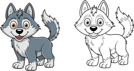 Cute husky dog cartoon character with colored and outline versions isolated on white background animal mascot vector illustration for design © Ariful