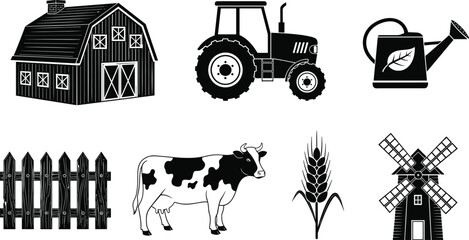 Black vector silhouette set of traditional farm icons including a barn tractor watering can wooden fence dairy cow wheat stalk and windmill for agriculture. © Mst