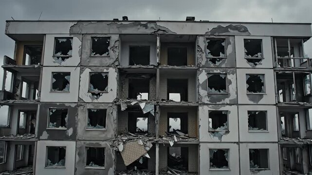 Destroyed apartment building with gaping holes where windows once were, showcasing urban decay and devastation