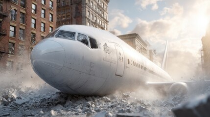 Airplane fuselage wreckage on city street surrounded by debris and damaged buildings, with dust clouds and sunlight illuminating the scene