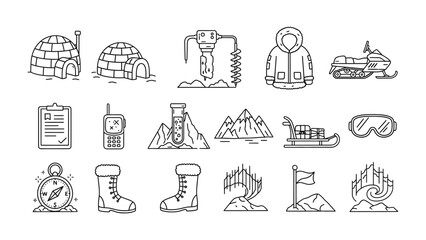 Arctic Exploration Icon Set: An illustrated collection of iconic symbols that represent arctic exploration, encompassing essential tools and elements used in polar environments. © MahfujaSultana