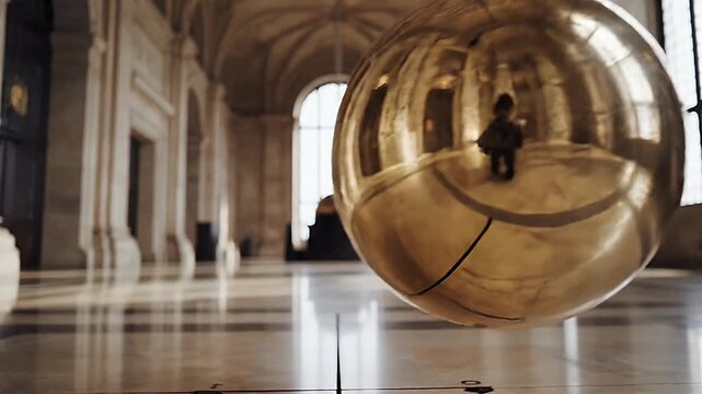 A large brass pendulum hangs in the center of a grand, old hall