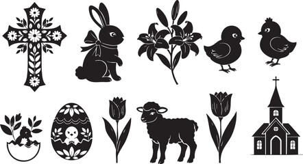 Obraz premium Black silhouettes of religious and spring symbols including cross, bunny, chicks, tulips, and church