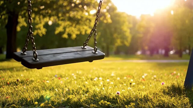 Empty swing set in a park with sunlit trees and grass
