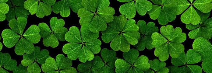 A vibrant display of green clovers fills the image, showcasing their lush leaves against a dark background.