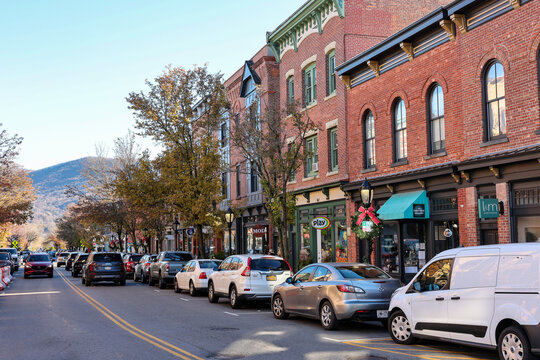 Main Street in Beacon, New York with Historic Brick Buildings and Fall Foliage