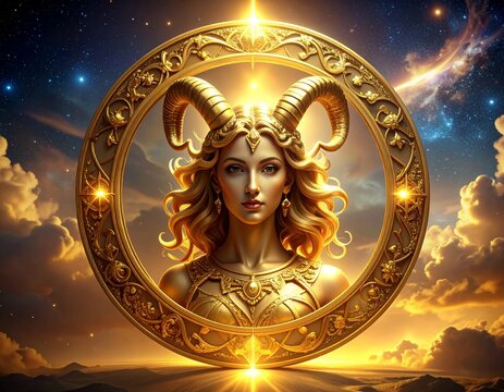 Golden Aries Zodiac Sign Portrait - Celestial Beauty and Mystical Aura.