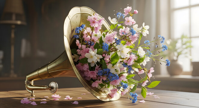 Vintage brass gramophone horn filled with blooming pink and white cherry blossoms