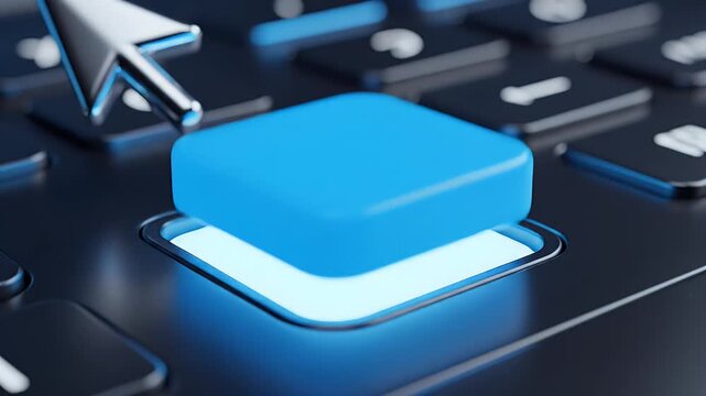 Close-up of a chrome cursor arrow on a glowing blue digital button