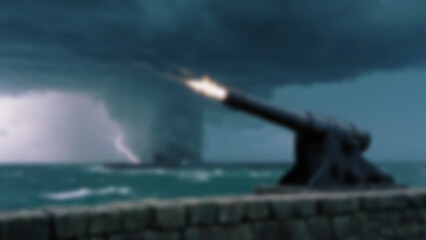 Blurred background of island coastal artillery fortress combining ancient stone walls and modern cannons, Detail: reinforced gun mounts, radar units mounted atop battlements, ocean spray hitting.