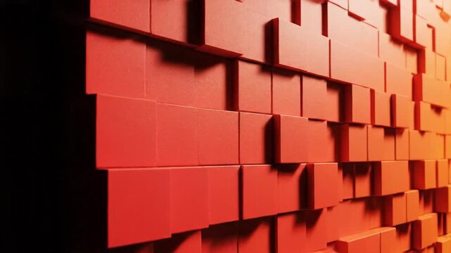 Geometric red cubes arranged in a 3D pattern on a wall viewed from a low angle