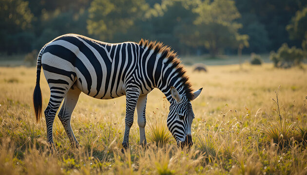 A zebra grazes peacefully in a serene savannah landscape with lush greenery