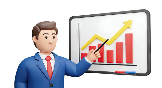 Businessman pointing at a growing bar chart and line graph