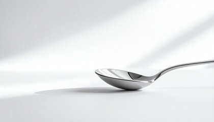 Minimal silver spoon soft shadow, elegant kitchen utensil on clean surface, modern style, simple composition, calm and bright atmosphere for culinary design.