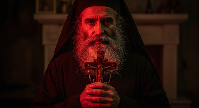 An elderly bearded man in a dark hooded robe holds a crucifix. His face and hands are dramatically lit by red light, creating an intense portrait.