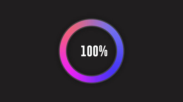 Loading indicator Progress bar 100%.Neon color, black background Percentage meter. UI, hundred percent User interface loading symbol. Download process. Circle icons set, loading circle download.	