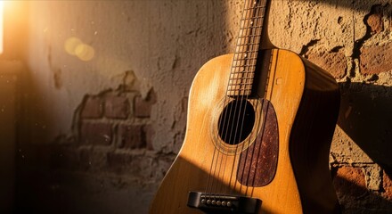 Naklejka premium Vintage Acoustic Guitar Leaning Against Rustic Wall at Sunset