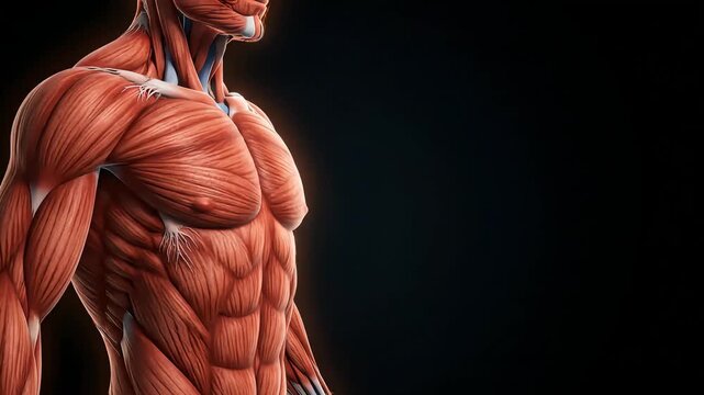 Detailed illustration of a muscular male torso with visible muscles against a dark background.