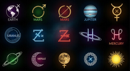 Collection of Astrological Symbols and Celestial Bodies. © Ajik
