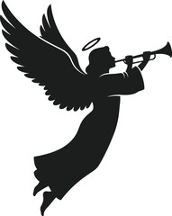 Black silhouette angel blowing trumpet with halo and wings white background © MdImran