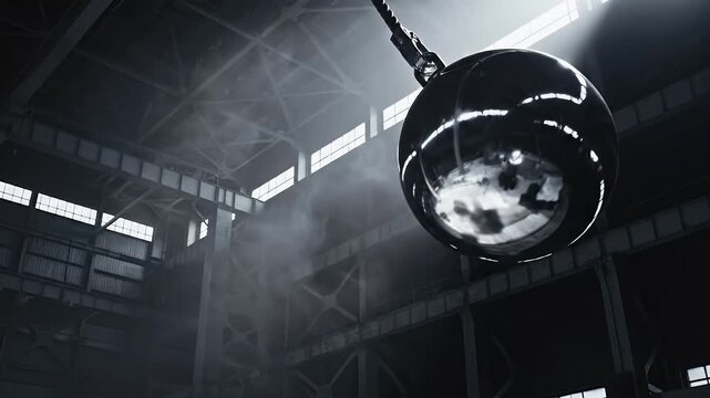 Massive wrecking ball suspended in a vast, dusty industrial interior with sunlit windows
