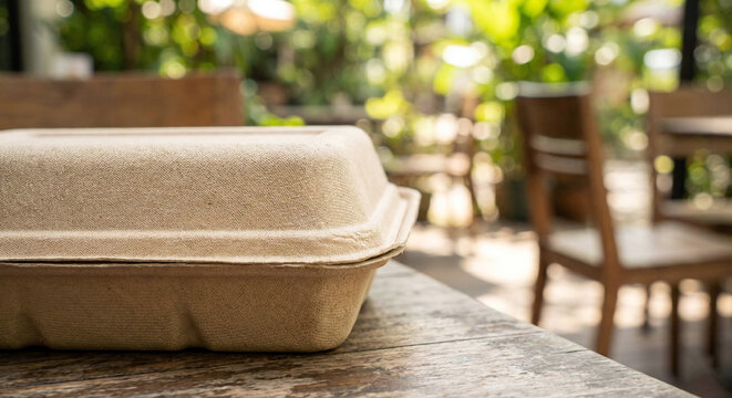 Compostable takeout container made from plant fibers, on outdoor cafe patio with greenery