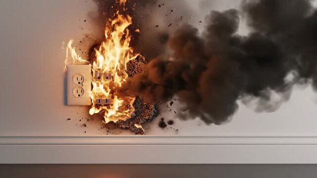 Electrical outlet on fire with flames and smoke emitting from the wall socket in a residential setting viewed from the side