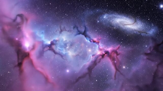 A vibrant nebula, swathed in cosmic hues of purple, pink, and blue, with a distant galaxy
