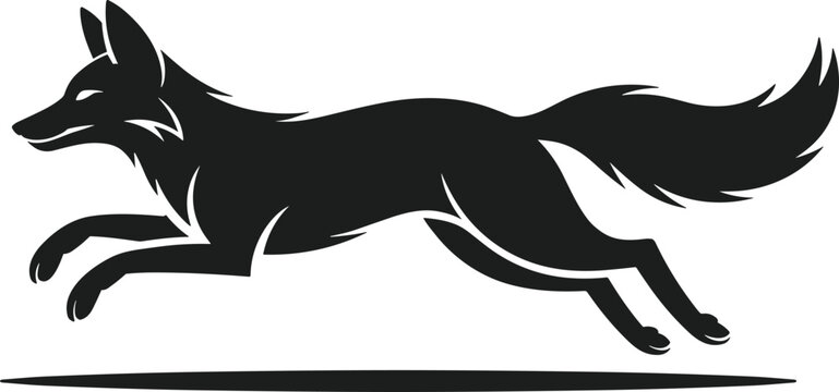 Black fox silhouette running with bushy tail and pointed ears animal motion
