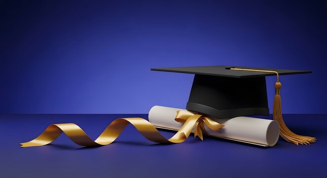 Graduation cap and diploma with gold ribbon symbolizing academic achievement and success