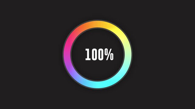 Loading indicator Progress bar 100%.Neon color, black background Percentage meter. UI, hundred percent User interface loading symbol. Download process. Circle icons set, loading circle download.	