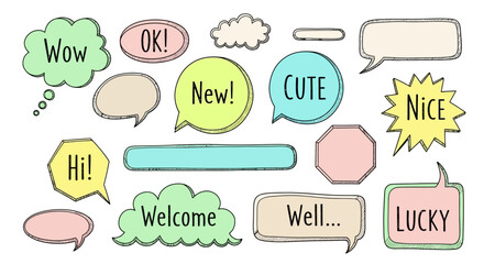 A colorful collection of speech bubbles and text icons display various expressions and greetings on a white background with dfghtred elements. © Hussnain