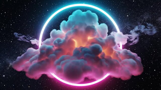 Vibrant clouds illuminated by neon ring floating in a starry night sky with a futuristic atmosphere and celestial view
