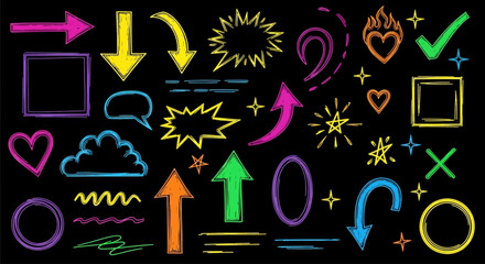 Drawing various colorful symbols and arrows on a blackboard background © Hussnain