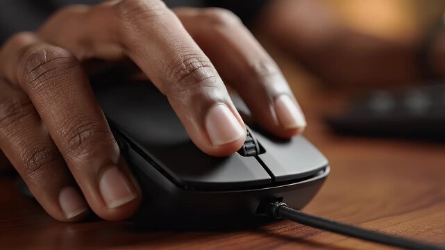 A close-up shows a hand using a black computer mouse on a wooden surface