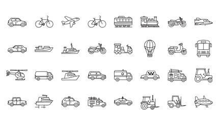 Vehicles line icon set with car, bicycle, airplane, train, bus, scooter, boat, helicopter, taxi, ambulance, police, tractor and forklift outline symbols © Devid 