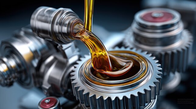Close up of lubricating oil pouring into machine gears for industrial use