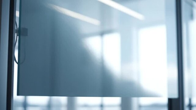 Dynamic Smart Glass Panel Transitioning from Transparent to Opaque, Providing Instant Privacy and Light Control in a Modern Office Environment.