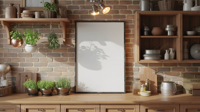Kitchen Shelves with Herbs and Framed Poster with Shadows plants potted plants