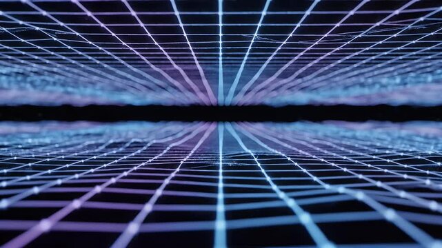 Abstract grid lines with glowing nodes fading into darkness