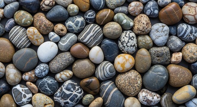 Close-up Texture of Smooth Polished River Stones in Various Colors and Patterns.