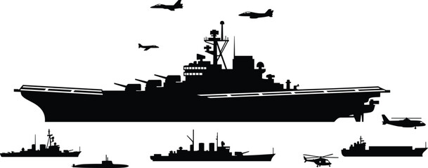 Aircraft carrier naval fleet silhouette with warships fighter jets submarine and helicopter, military maritime defense forces, navy sea power, air sea combat illustration isolated © Hello World
