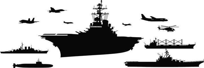 Aircraft carrier naval fleet silhouette with warships fighter jets submarine and helicopter, military maritime defense forces, navy sea power, air sea combat illustration © Hello World