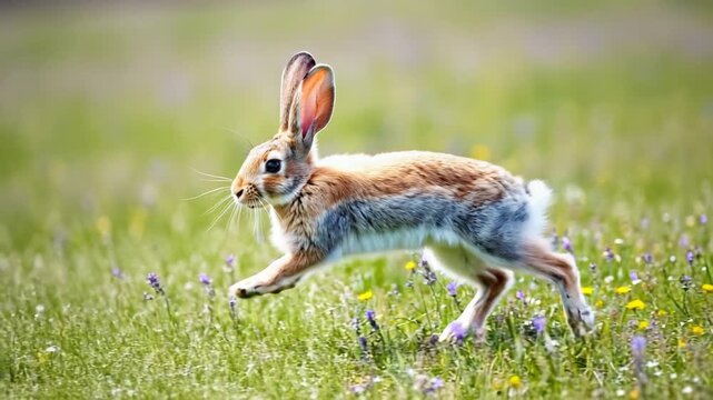 Hare Running Through Grassy Field with Wildflowers Cinematic Motion Niche Detail